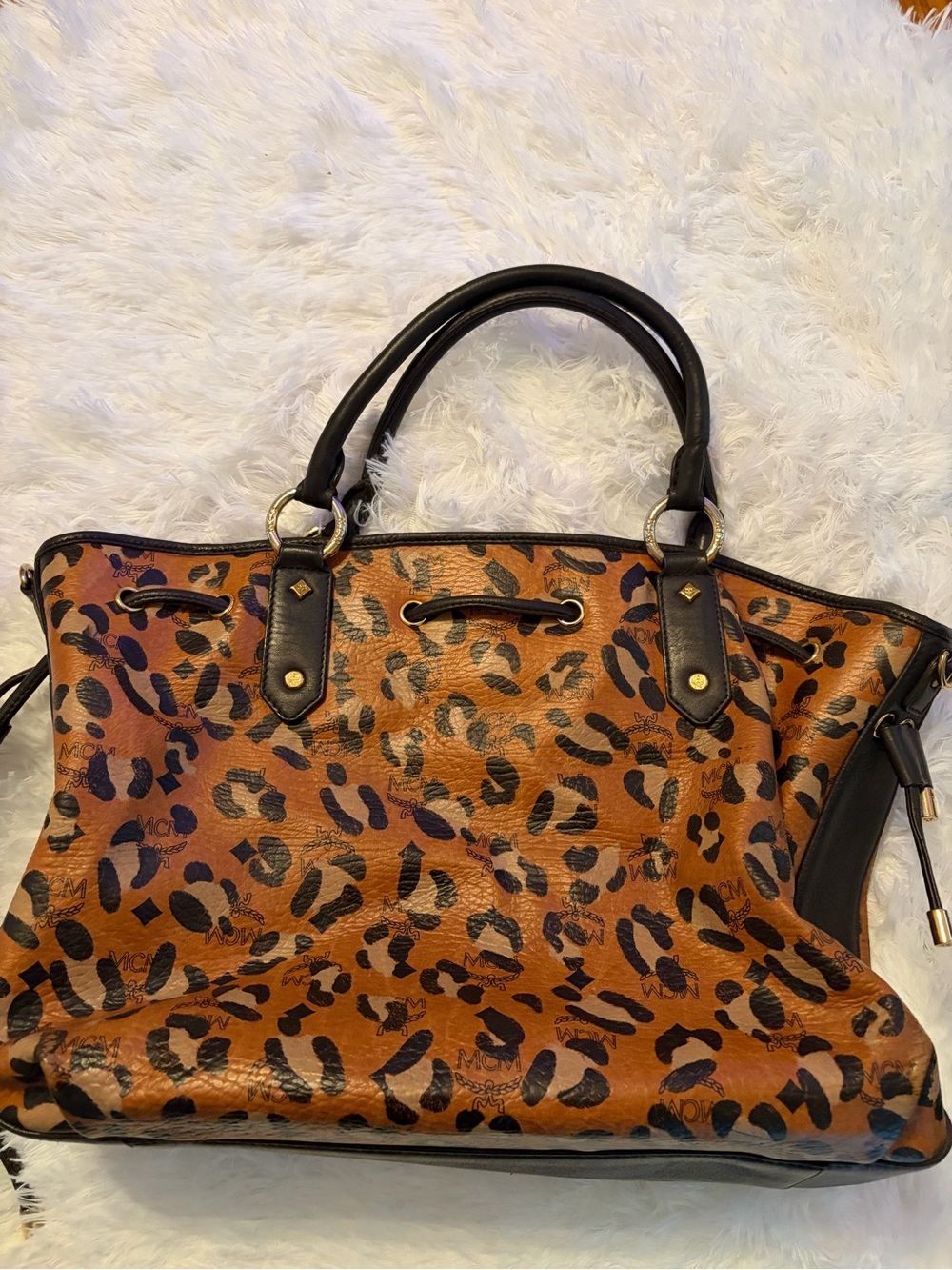 Mcm Leopard Print Satchel Handbag in Brown and Black